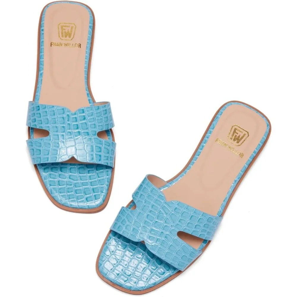 Women's Blue Square Slip On Open Toe Summer Beach Flat Slide Sandals - Picture 2 of 6